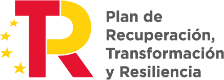 Logo del Plan de Recuperación, Transformación y Resiliencia de España, con las letras "R" y "T" destacadas en rojo y amarillo, acompañadas de estrellas que representan la Unión Europea.