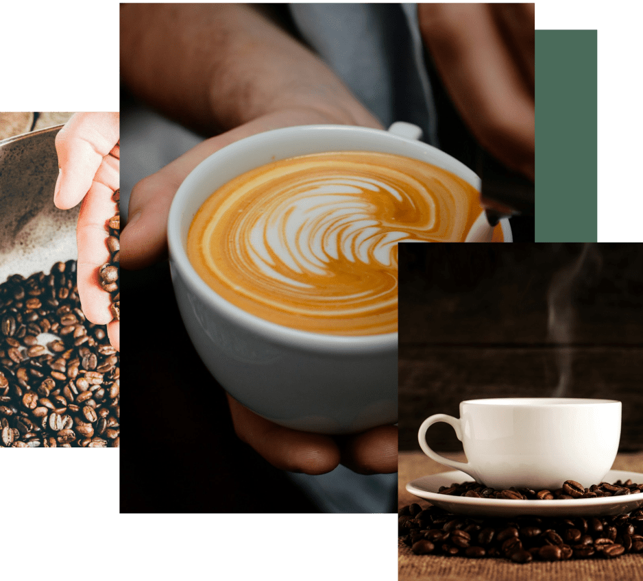 Imágenes de café que incluyen granos de café, una taza con latte art y una taza humeante sobre granos de café. Ideal para amantes del café y baristas.