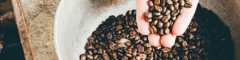 Mano sosteniendo granos de café tostados sobre un recipiente con más granos, resaltando el proceso de preparación del café.